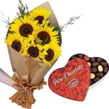 Ramo de flores girasoles con bombones lata corazon